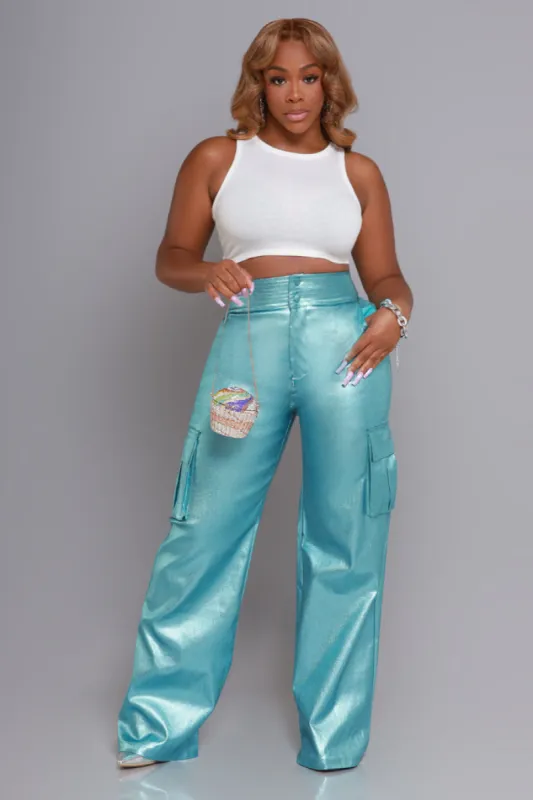 So Much High Rise Metallic Cargo Pants - Blue sold by Swankaposh