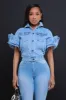 Connect Ruffle Sleeve Denim Jacket - Blue sold by Swankaposh