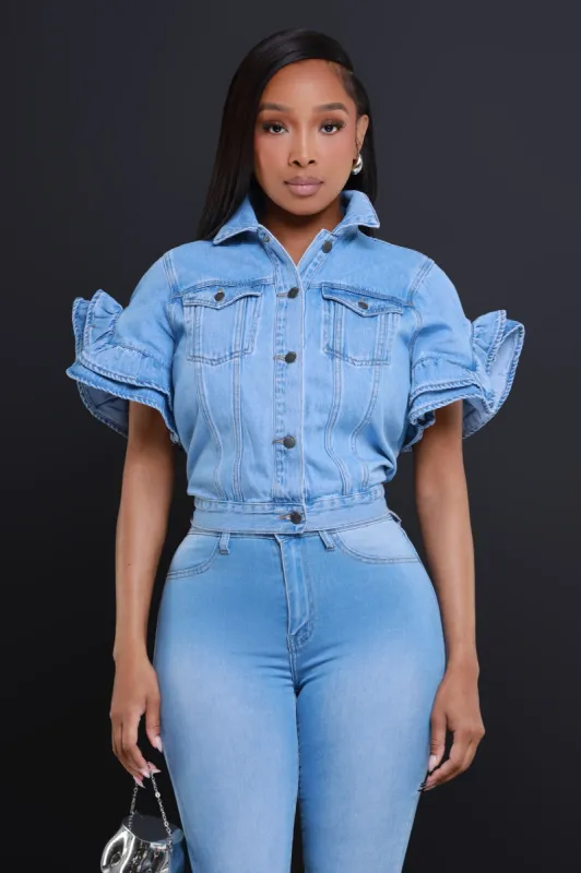 Connect Ruffle Sleeve Denim Jacket - Blue sold by Swankaposh