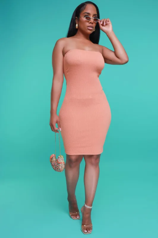 Up To Something Strapless Ribbed Mini Dress - Baked Peach sold by Swankaposh