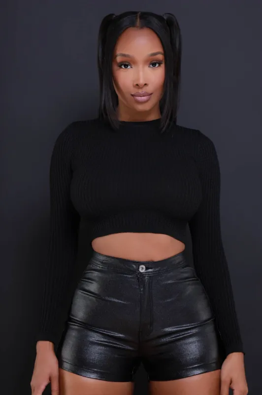 Longshot Long Sleeve Waffle Knit Crop Top - Black sold by Swankaposh