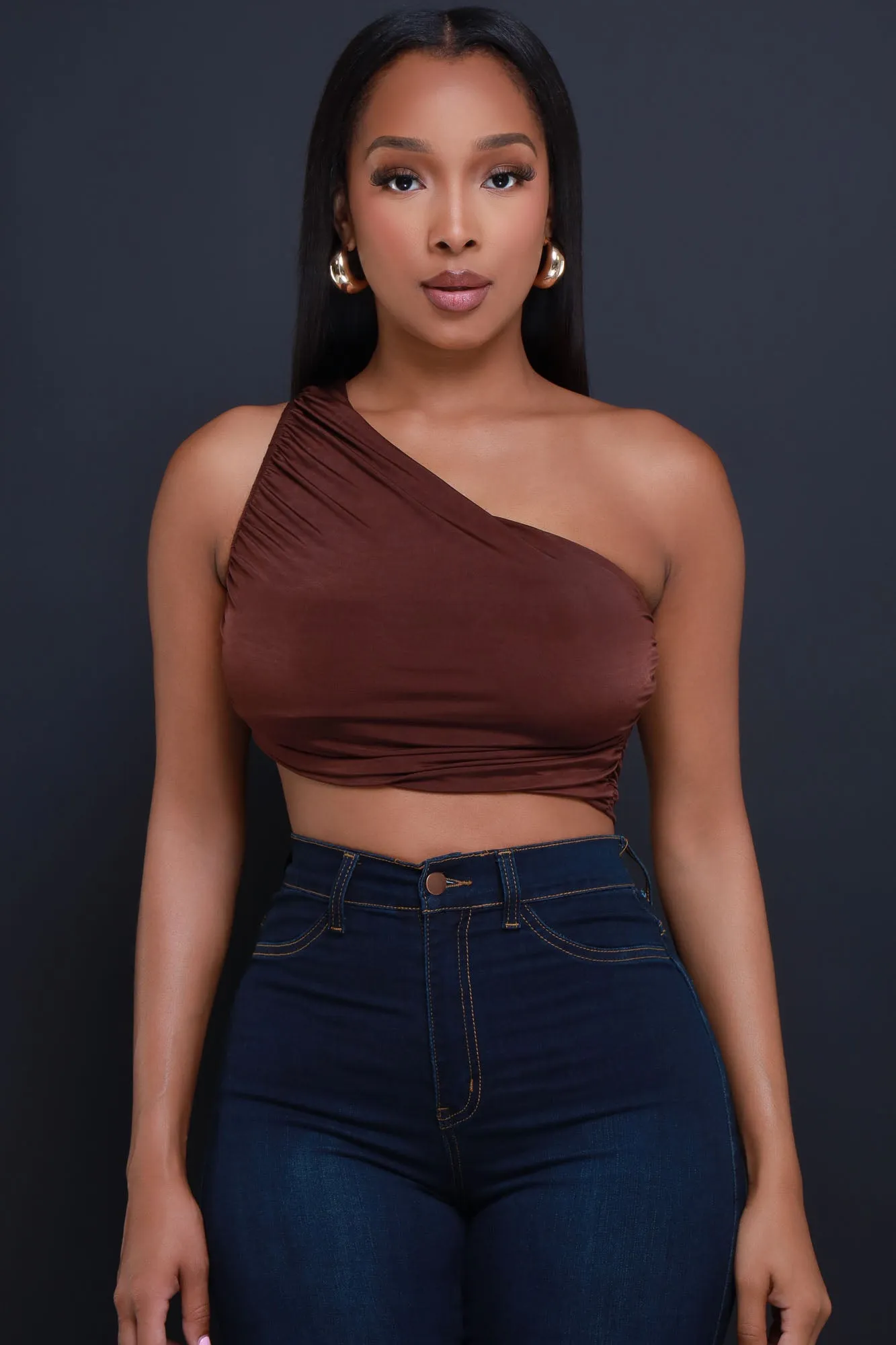 You Slick One Shoulder Ruched Crop Top - Chocolate sold by Swankaposh