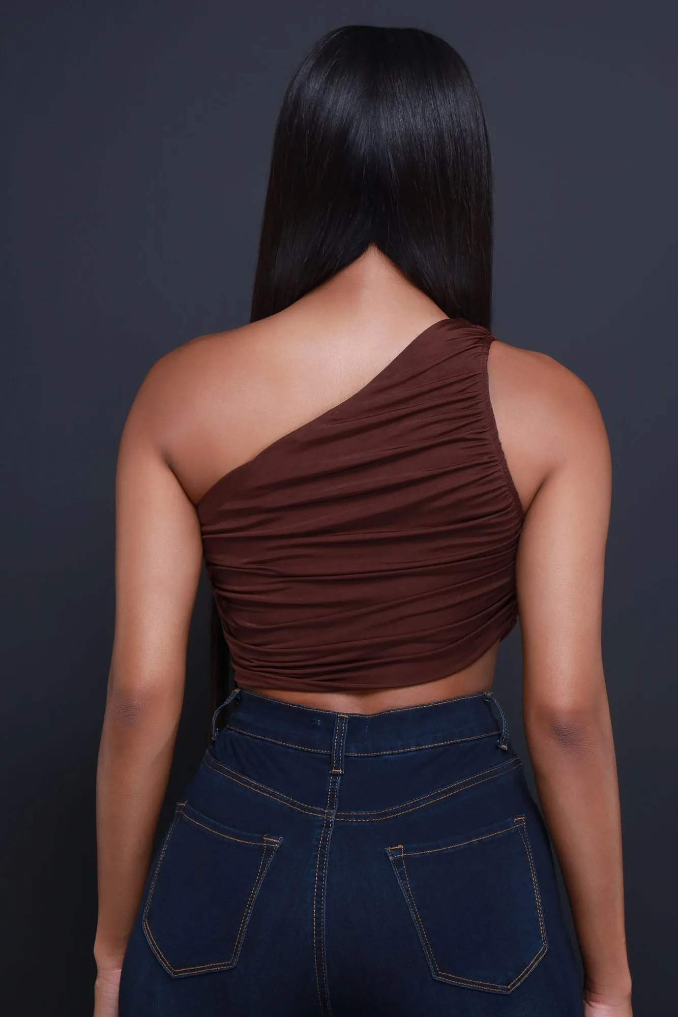 You Slick One Shoulder Ruched Crop Top - Chocolate sold by Swankaposh product image thumbnail 3