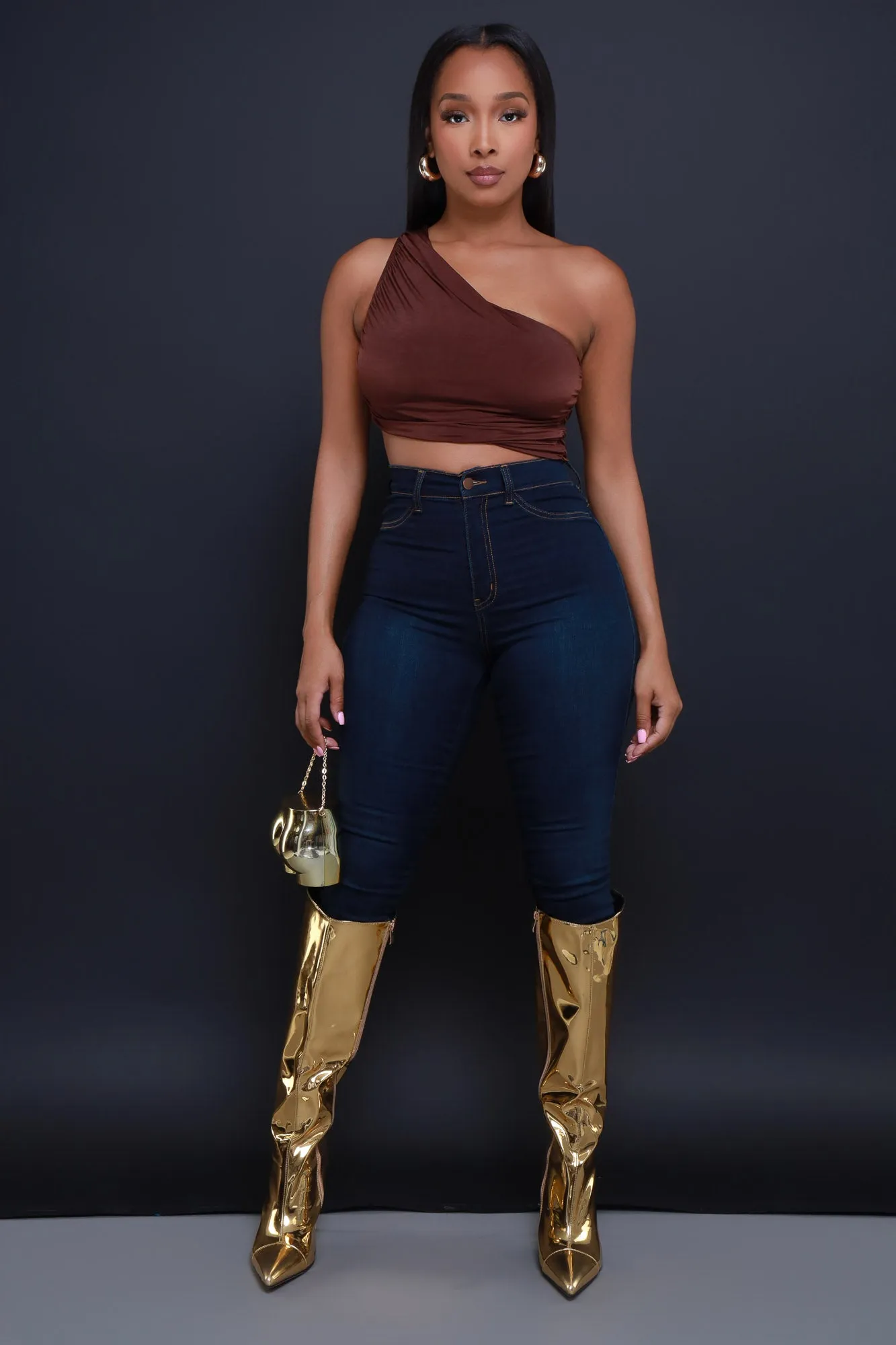 You Slick One Shoulder Ruched Crop Top - Chocolate sold by Swankaposh product image thumbnail 2