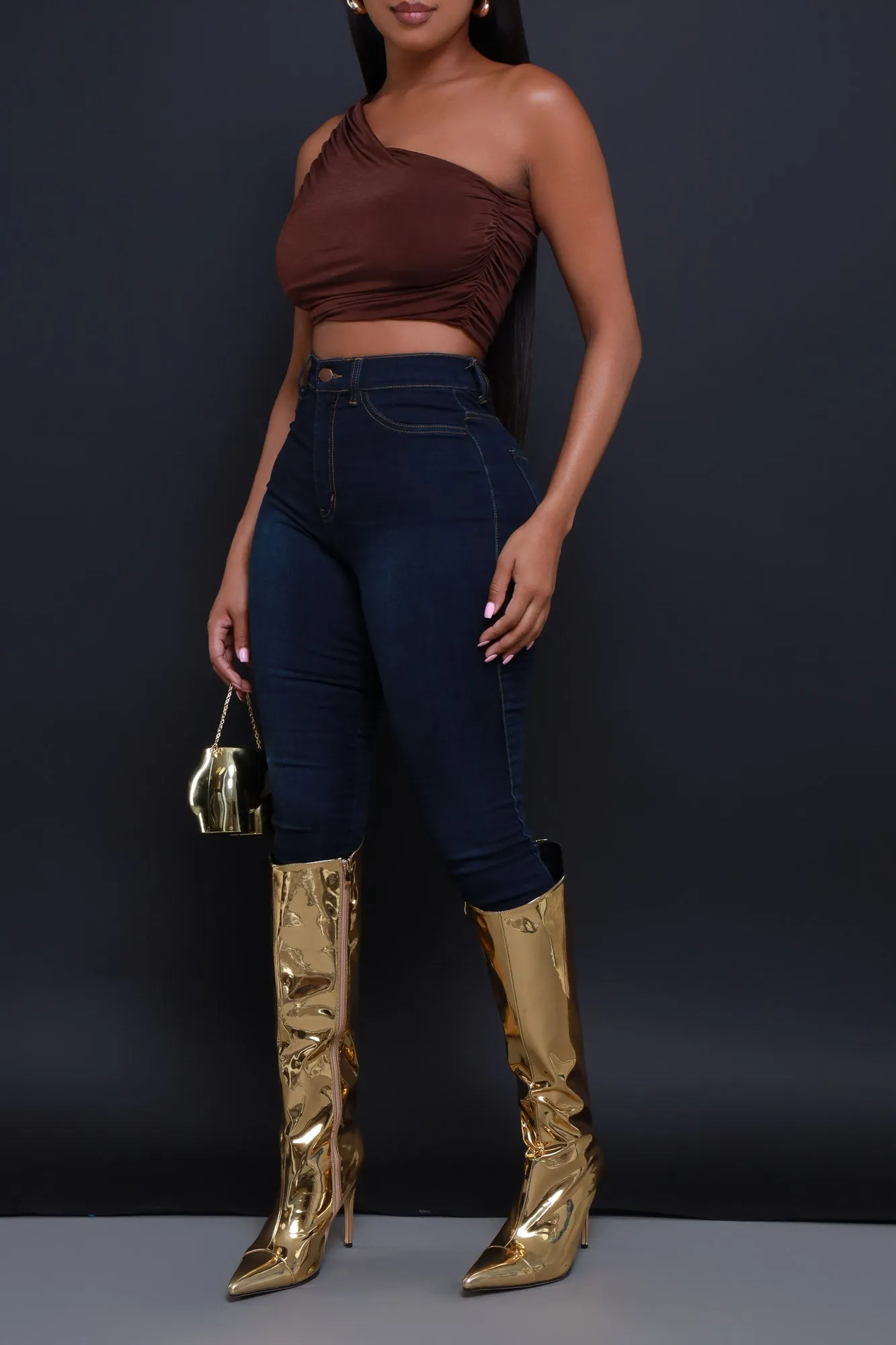 You Slick One Shoulder Ruched Crop Top - Chocolate sold by Swankaposh product image thumbnail 4