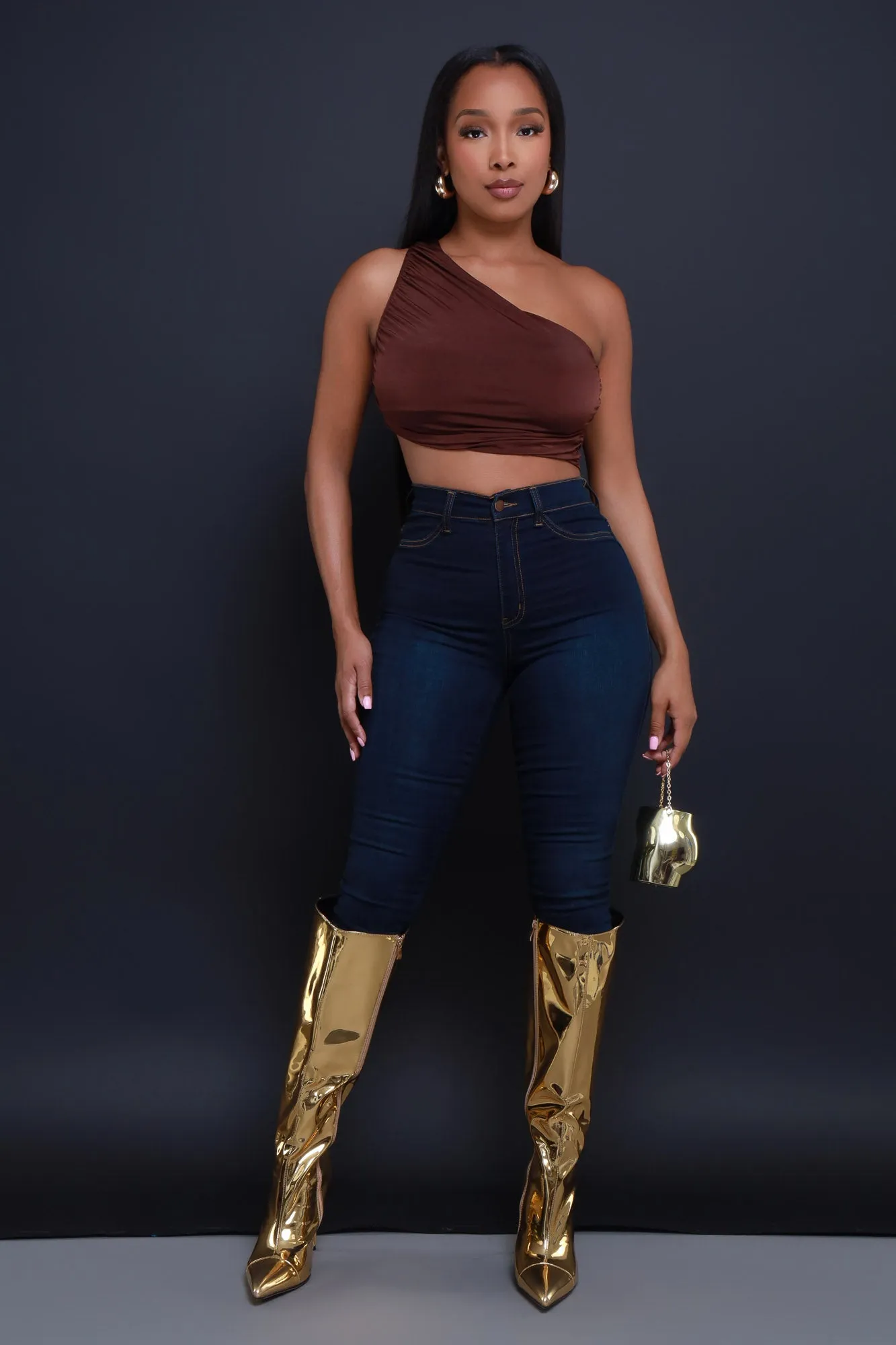 You Slick One Shoulder Ruched Crop Top - Chocolate sold by Swankaposh product image thumbnail 5