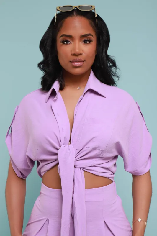 Pamper Me Short Sleeve Button Down Top - Lavender sold by Swankaposh