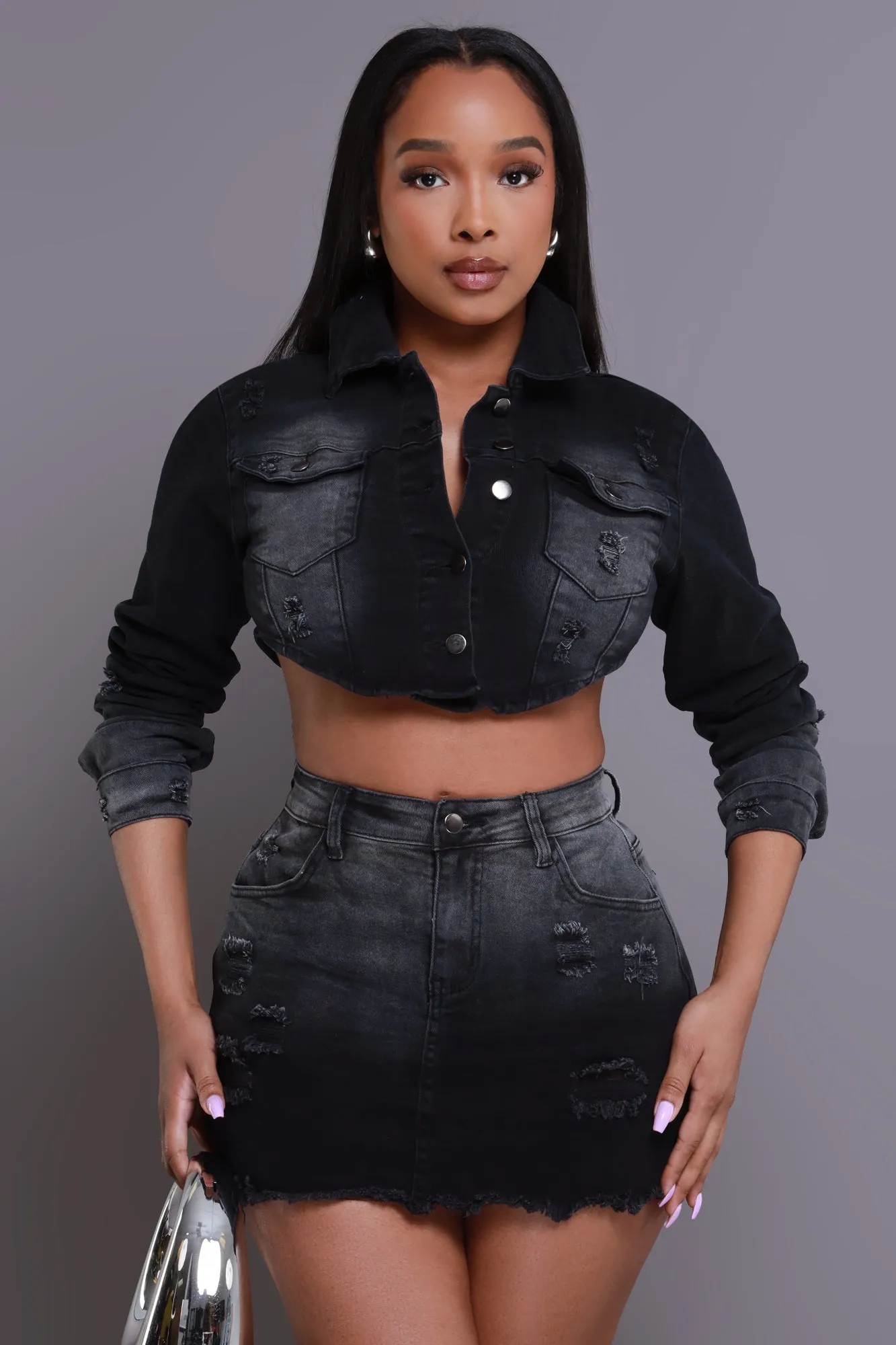Back Off Cropped Distressed Denim Jacket - Black sold by Swankaposh