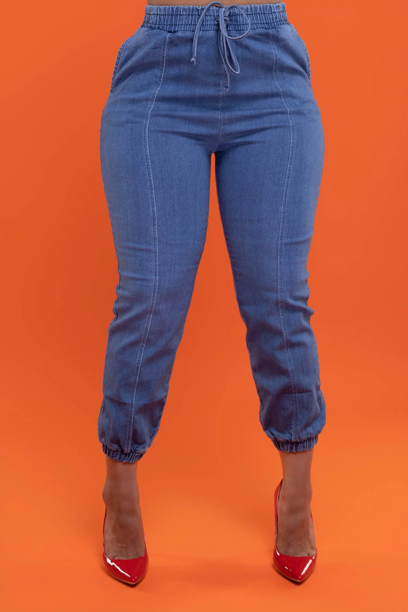 Two Seater High Rise Denim Joggers - Medium Wash sold by Swankaposh