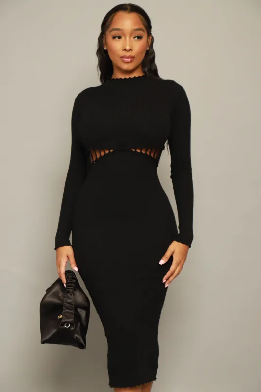 On My Level Knit Peekaboo Bodycon Dress - Black sold by Swankaposh