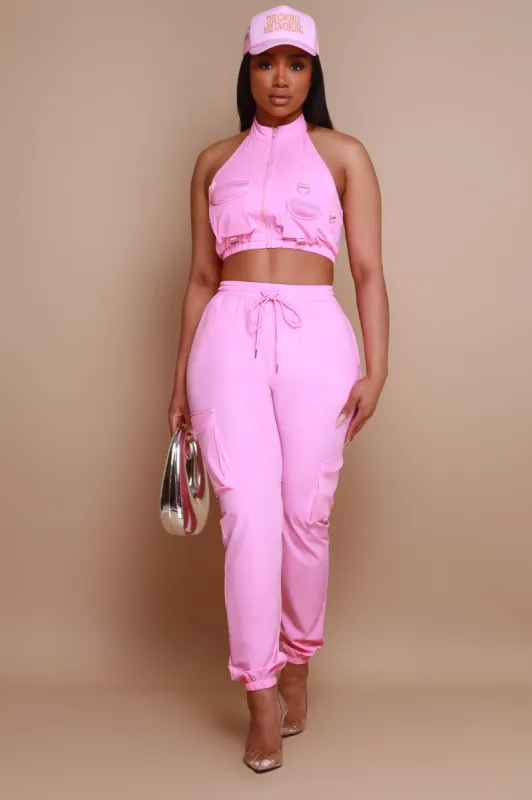 Reconnect Cropped Cargo Pants Set - Pink sold by Swankaposh