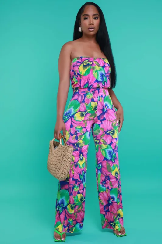 Pinky Swear Strapless Print Jumpsuit - Pink Multicolor sold by Swankaposh