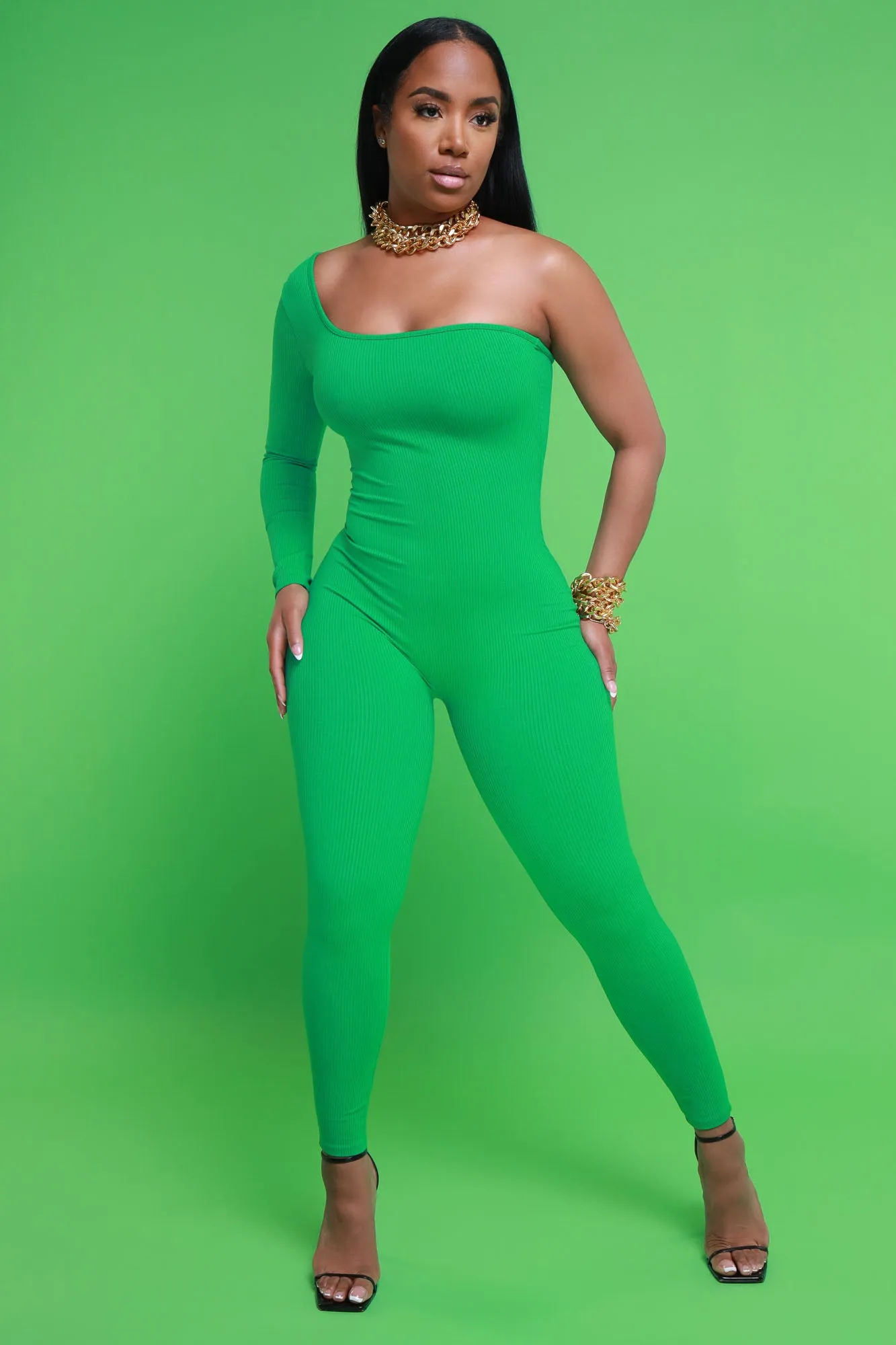 Overdrive Cellulite Deleter One Shoulder Jumpsuit - Green sold by Swankaposh