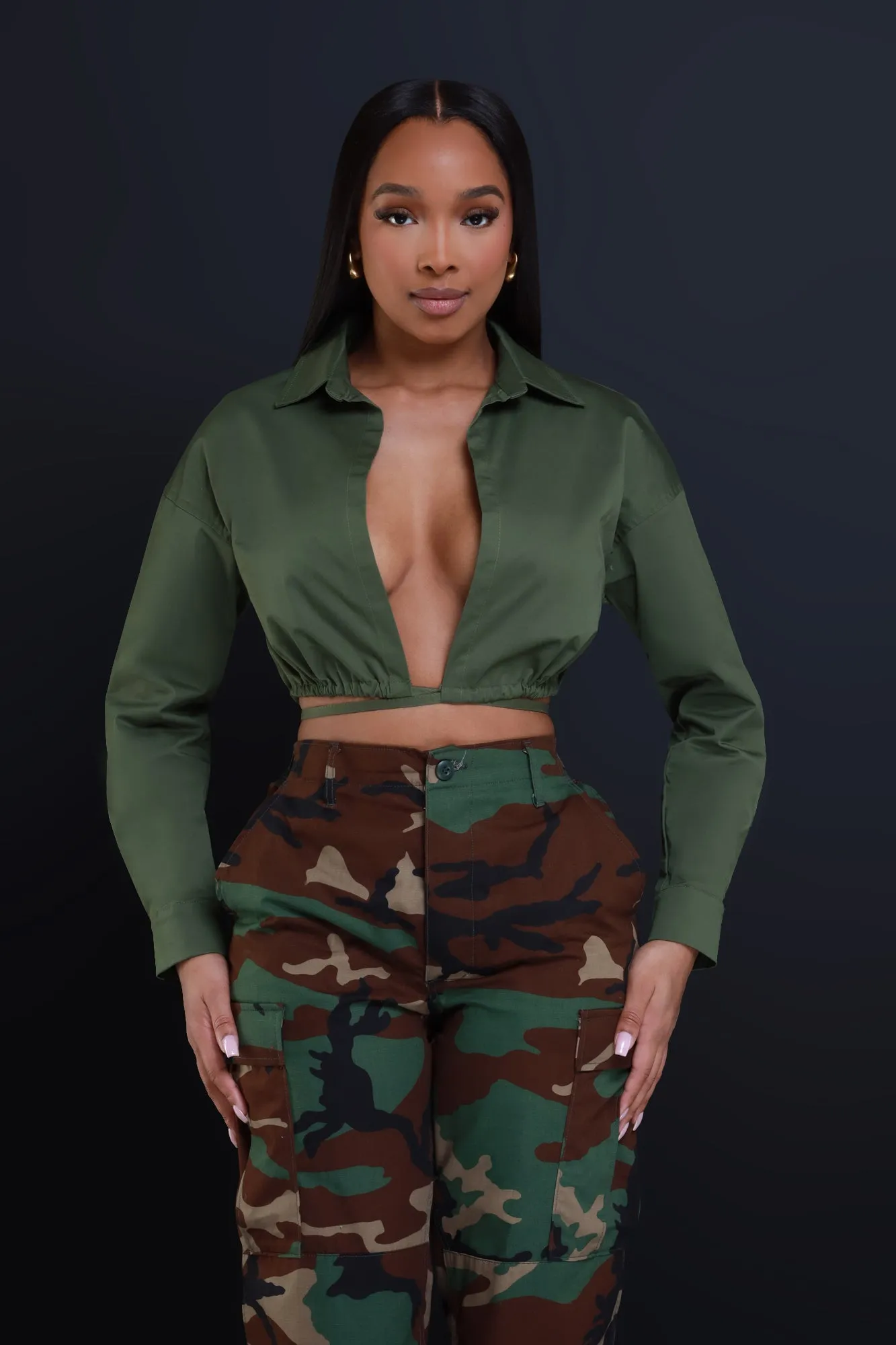 Time To Go Tie Up Crop Top - Olive sold by Swankaposh