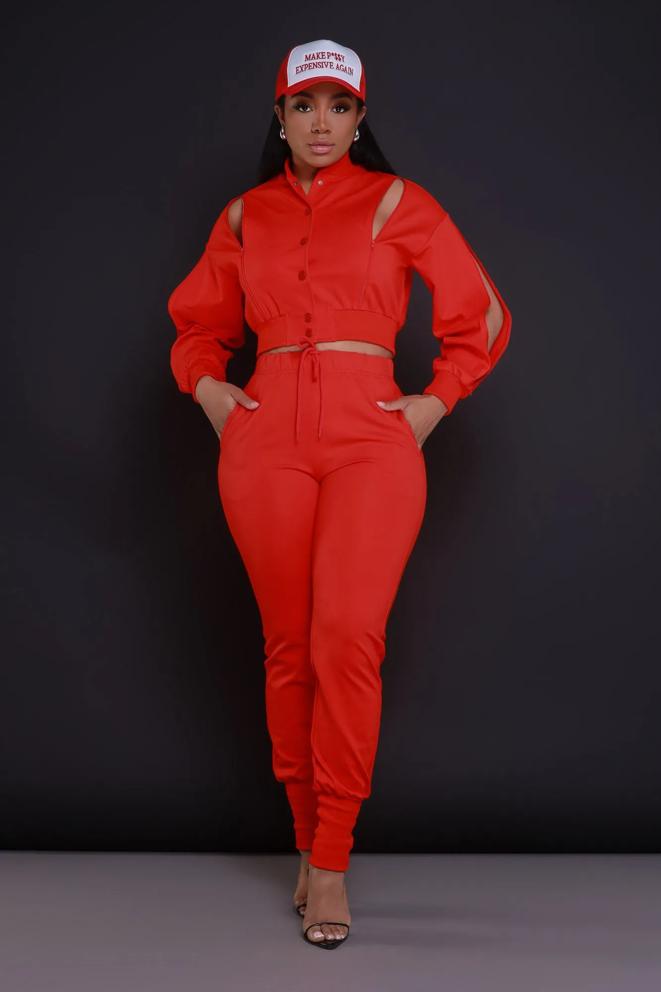 Top Priority Zippered Cropped Jogger Set - Tamale Red sold by Swankaposh