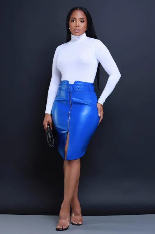Late Fee Belted Faux Leather Midi Skirt - Blue sold by Swankaposh
