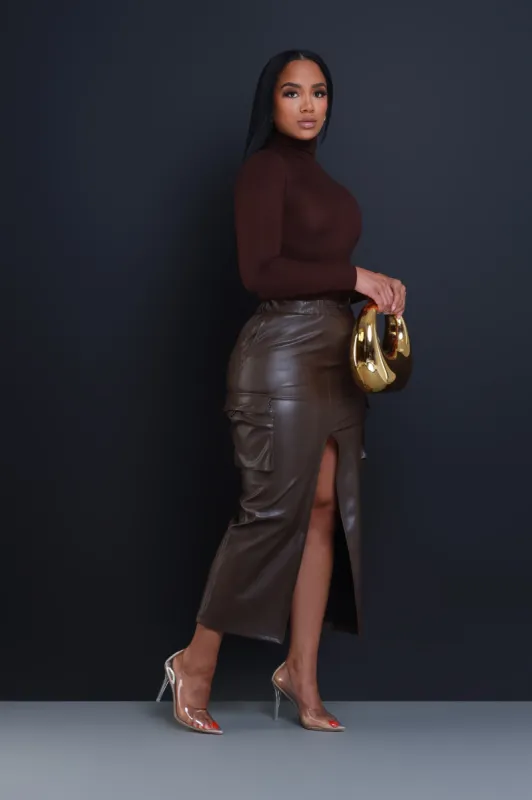 Once Again Faux Leather Cargo Skirt - Brown sold by Swankaposh