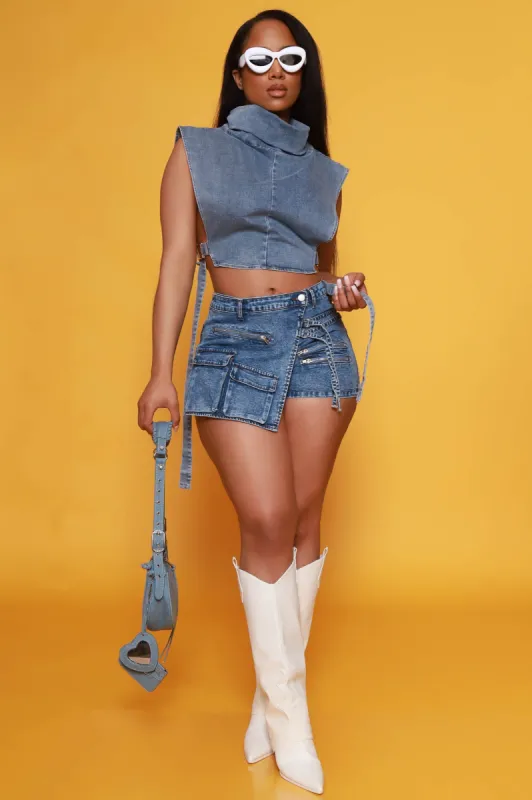 No Memory Asymmetrical Cargo Skort - Blue Denim sold by Swankaposh