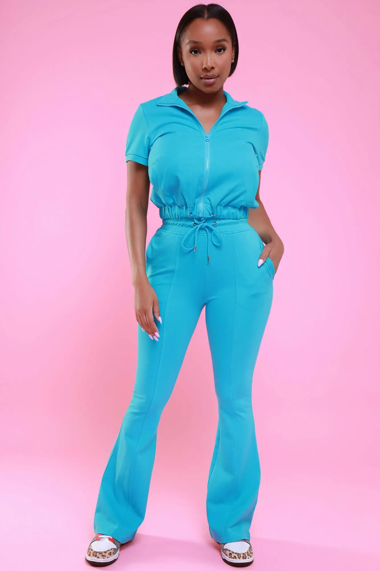 One Time Short Sleeve Flare Leg Pants Set - Aqua Blue sold by Swankaposh