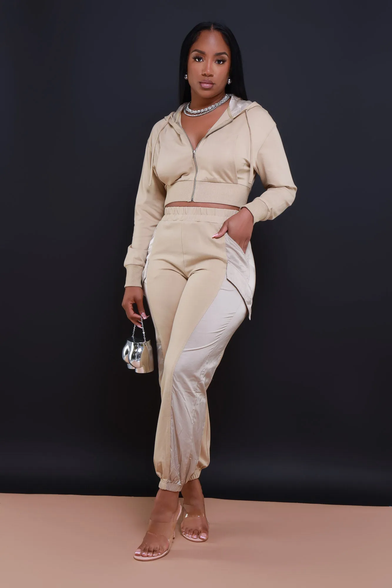 Not So Basic Zip Up Hooded Pants Set - Tan sold by Swankaposh