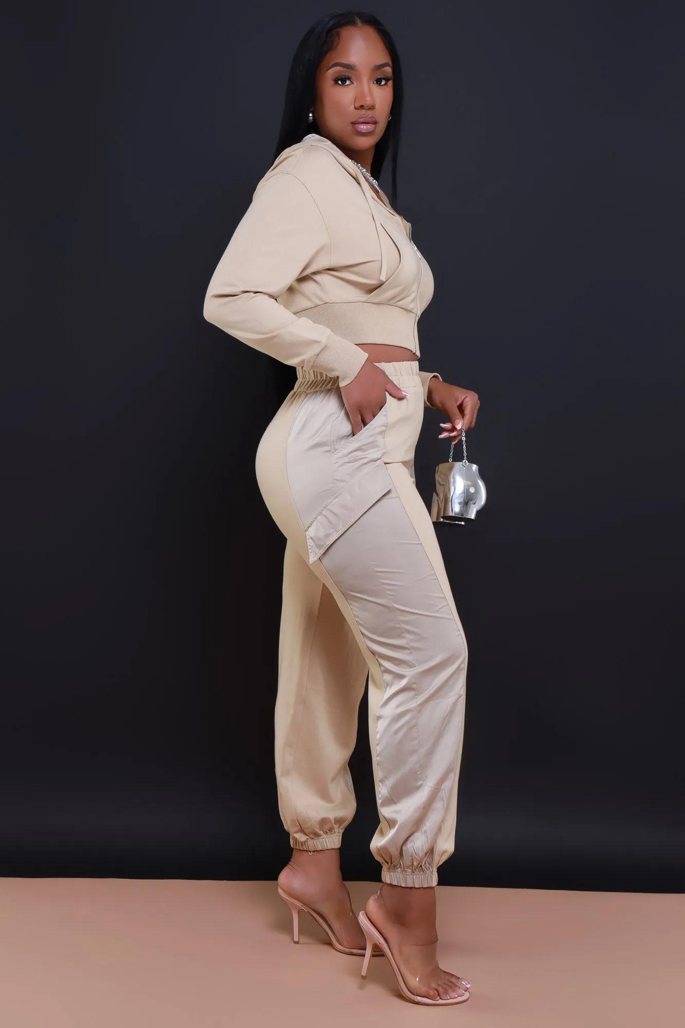 Not So Basic Zip Up Hooded Pants Set - Tan sold by Swankaposh product image thumbnail 4