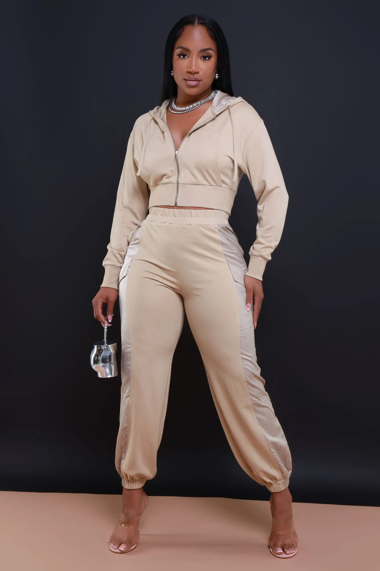 Not So Basic Zip Up Hooded Pants Set - Tan sold by Swankaposh product image thumbnail 2