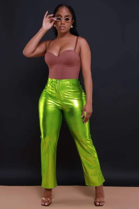 Hot Tonight High Rise Shiny Metallic Pants - Lemon sold by Swankaposh