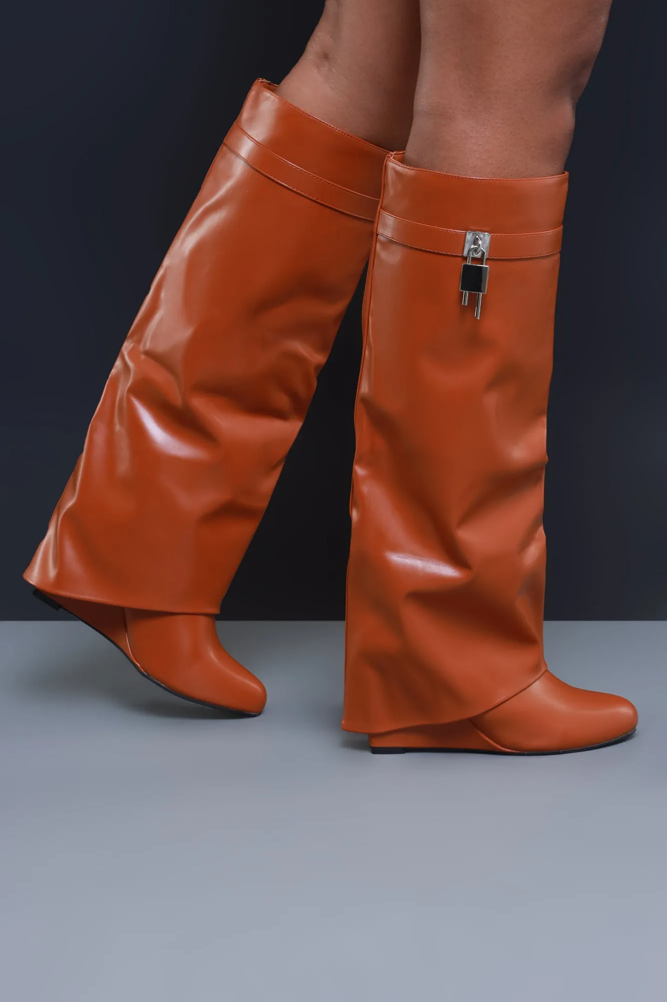 Lock & Key Faux Leather Knee High Boot - Camel sold by Swankaposh product image thumbnail 2