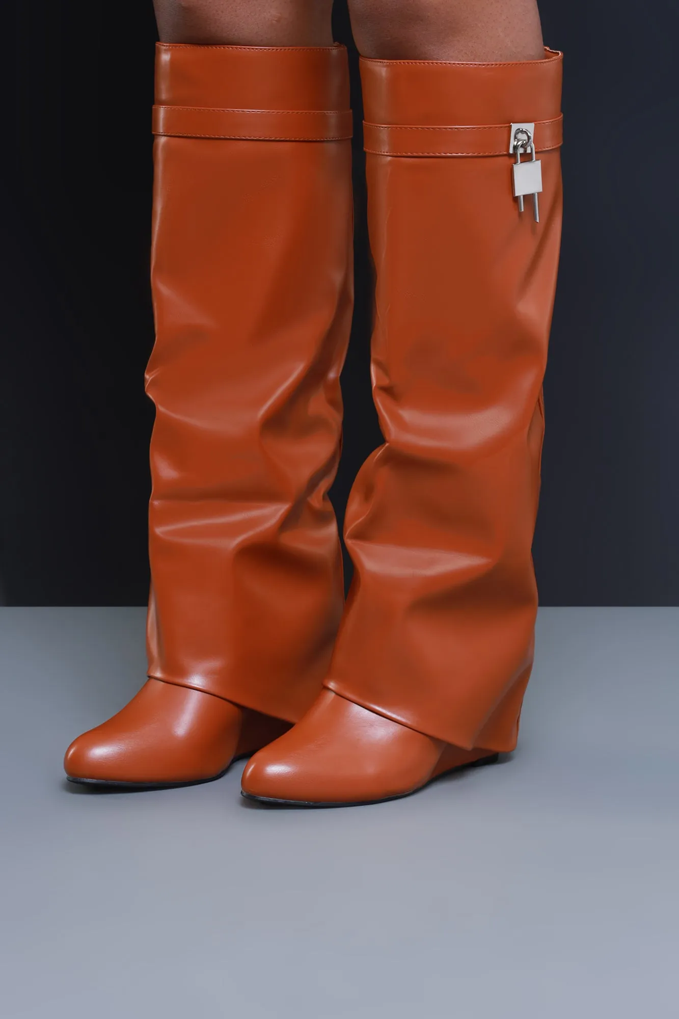 Lock & Key Faux Leather Knee High Boot - Camel sold by Swankaposh