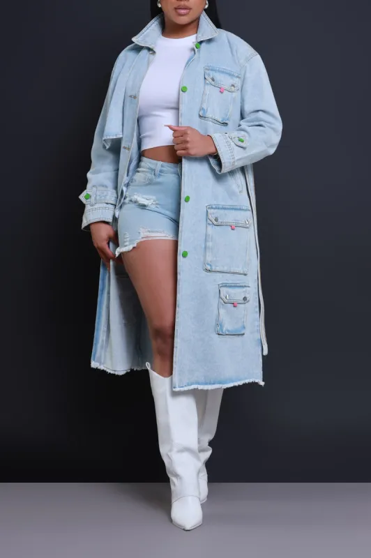 Eye To Eye Denim Cargo Trench Coat - Light Wash sold by Swankaposh