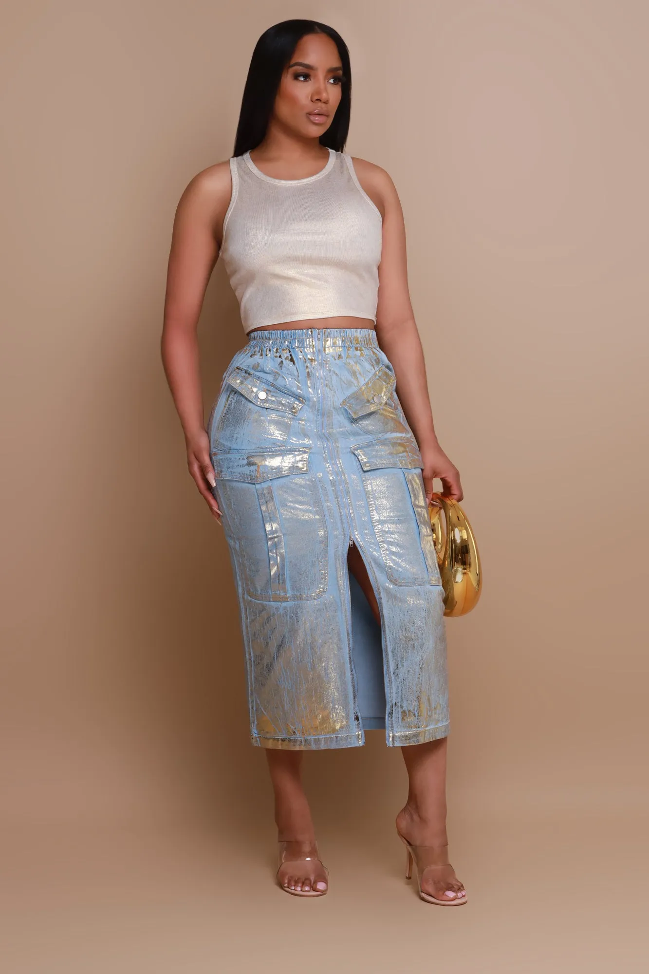 Song To Sing Denim Cargo Maxi Skirt - Blue/Gold sold by Swankaposh product image thumbnail 4