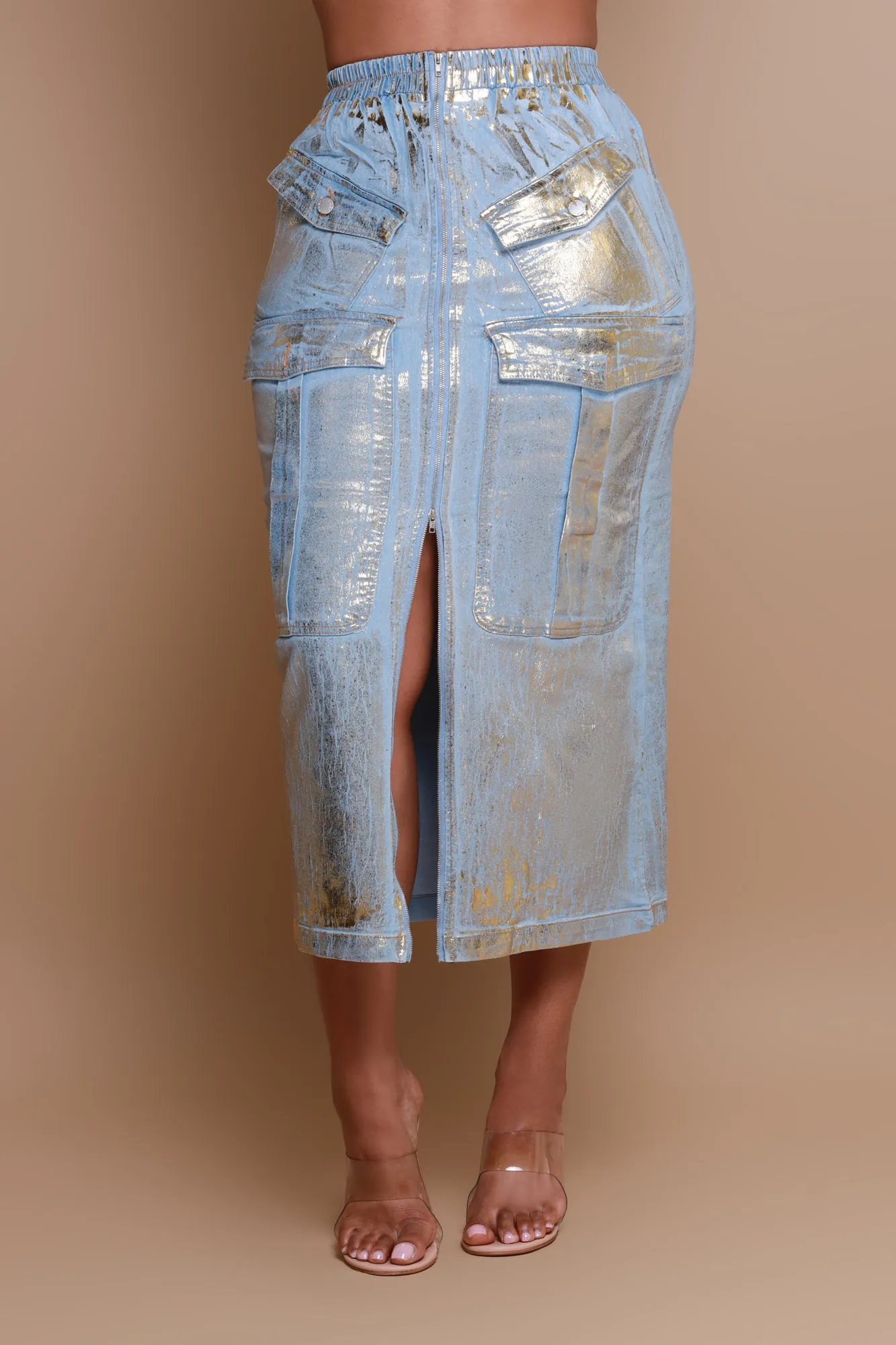 Song To Sing Denim Cargo Maxi Skirt - Blue/Gold sold by Swankaposh product image thumbnail 3