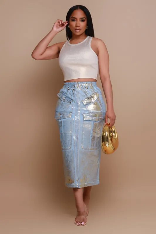 Song To Sing Denim Cargo Maxi Skirt - Blue/Gold sold by Swankaposh