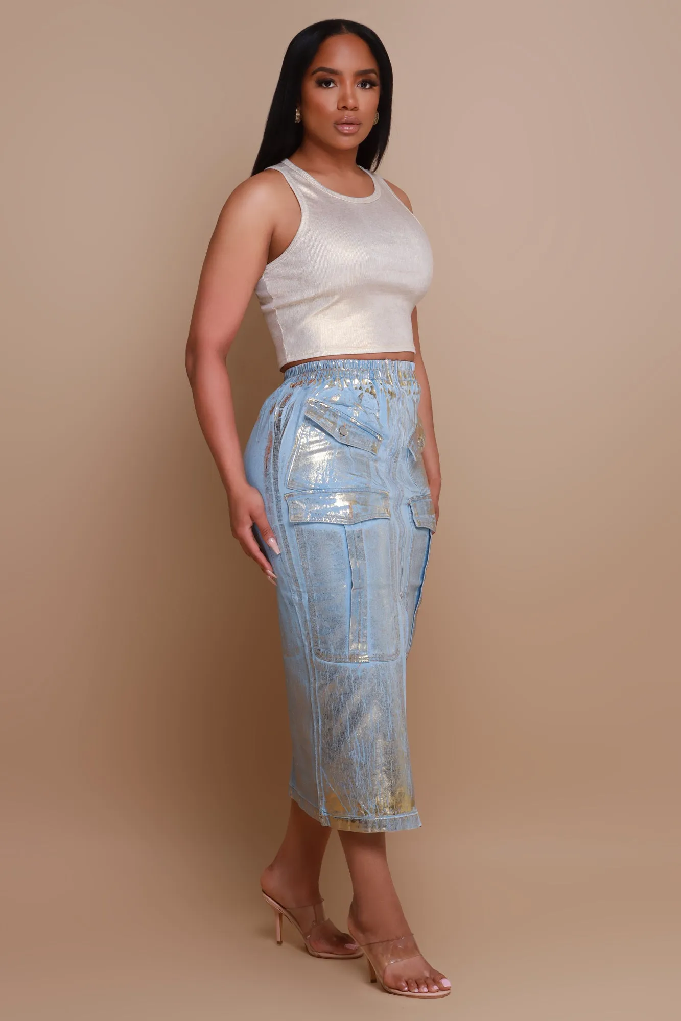 Song To Sing Denim Cargo Maxi Skirt - Blue/Gold sold by Swankaposh product image thumbnail 5