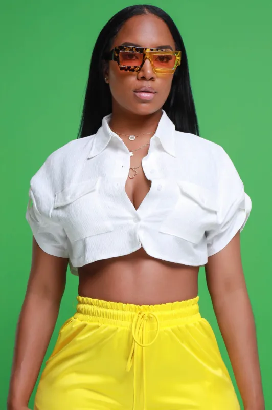 Radio Silence Textured Button Down Crop Top - White sold by Swankaposh