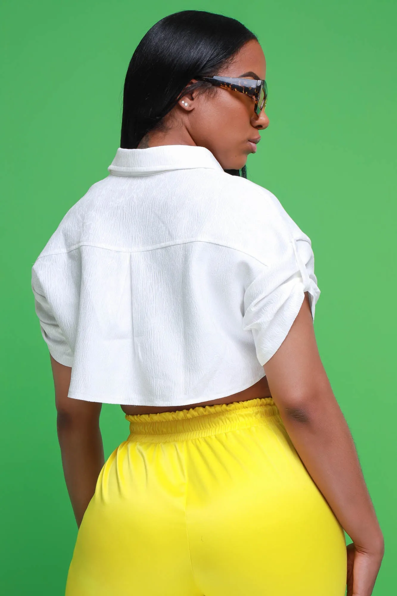 Radio Silence Textured Button Down Crop Top - White sold by Swankaposh product image thumbnail 3