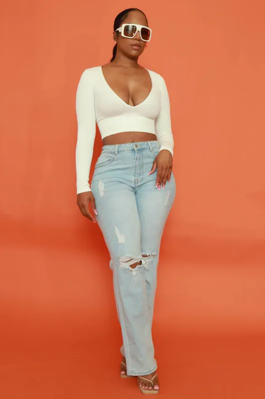 Talk To Me Distressed Bootcut Jeans - Light Wash sold by Swankaposh
