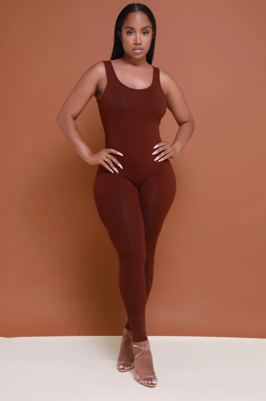 Hit The Spot Sleeveless Jumpsuit - Espresso sold by Swankaposh