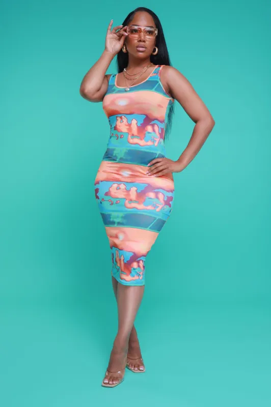 Memory Loss Sleeveless Tie Dye Midi Dress - Blue/Orange sold by Swankaposh