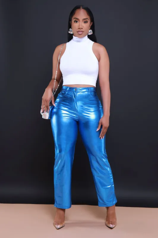 Hot Tonight High Rise Shiny Metallic Pants - Blue sold by Swankaposh