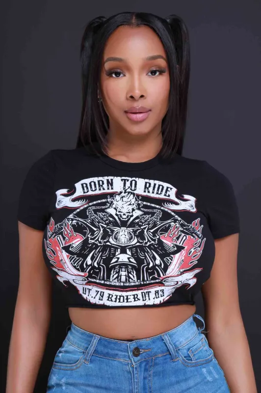Born To Ride Graphic Print Cropped Cut Out T-Shirt - Black sold by Swankaposh