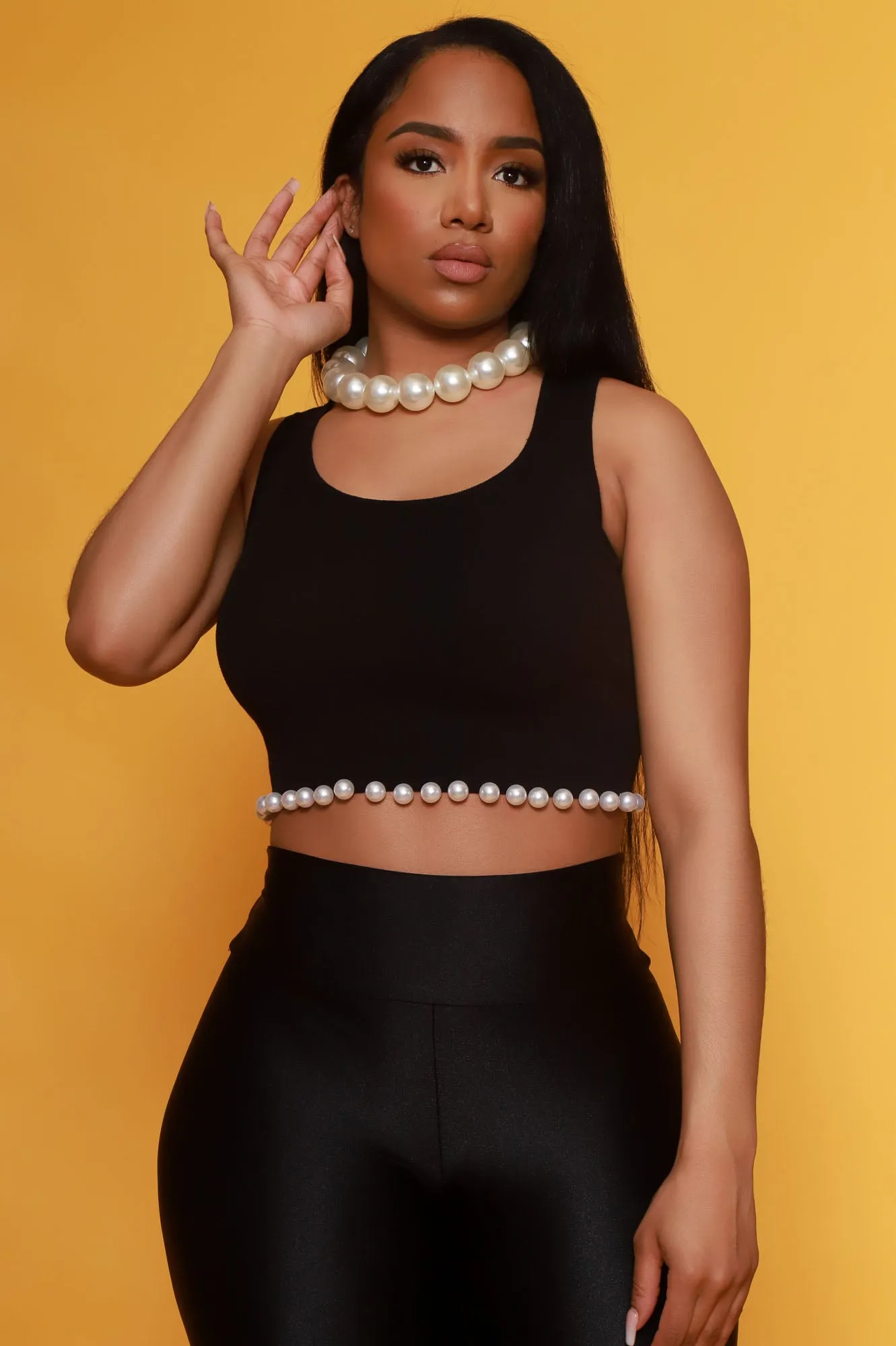 Bittersweet Pearl Embellished Sleeveless Crop Top - Black sold by Swankaposh