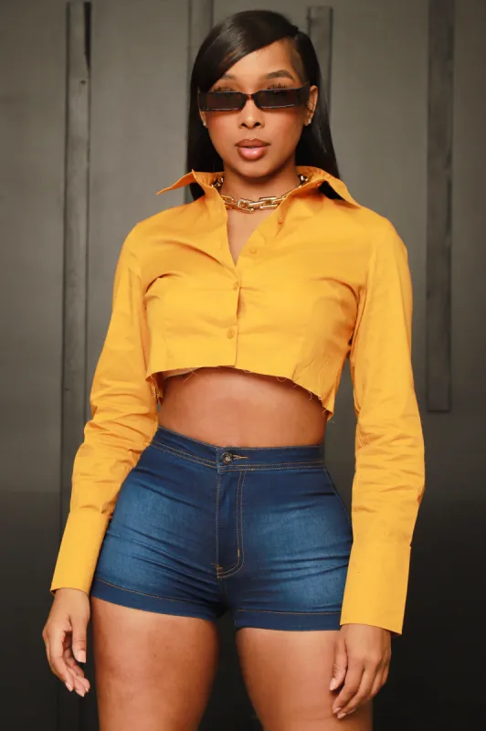 My World Cropped Button Up Top -  Mustard sold by Swankaposh
