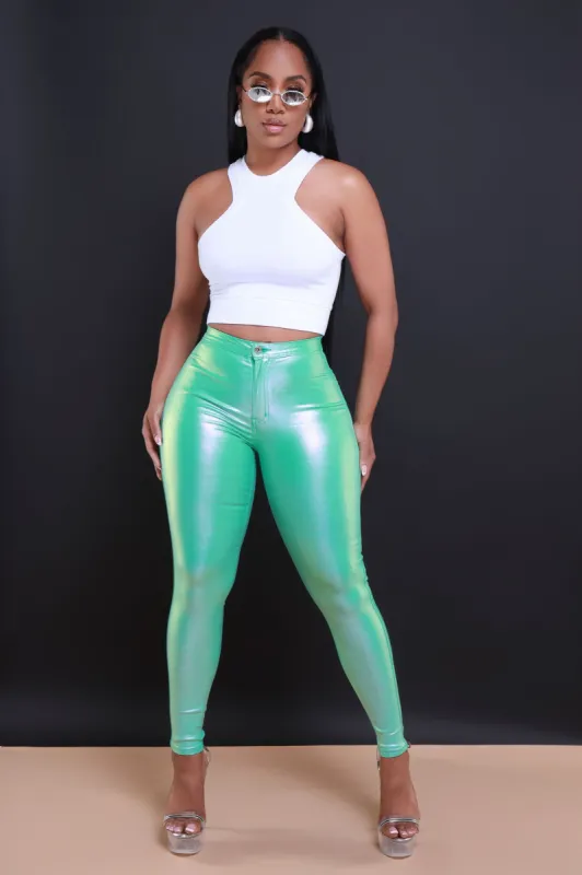 Coming In Hot High Rise Metallic Skinny Pants - Mint sold by Swankaposh