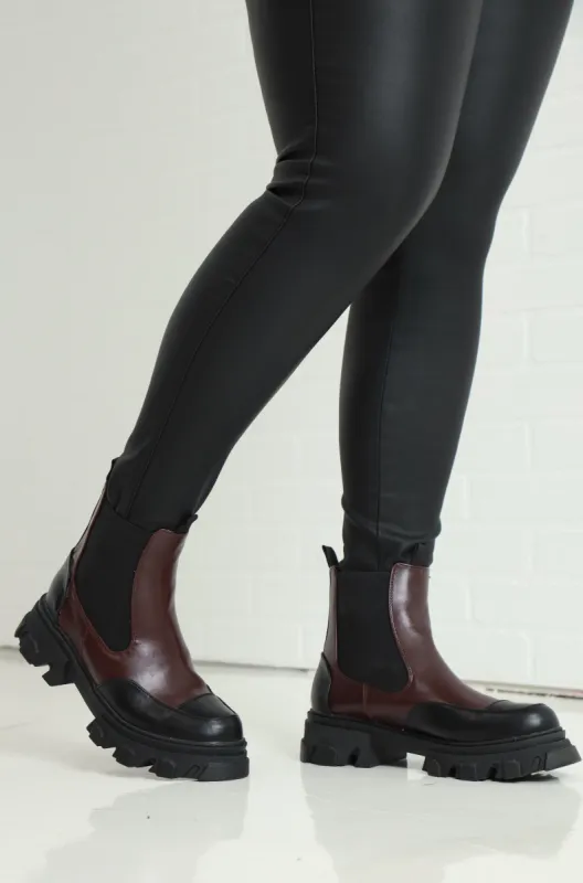 Pitch It Faux Leather Chunky Ankle Boot - Burgundy/Black sold by Swankaposh