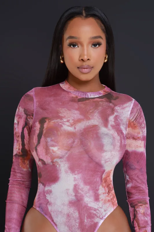 Around Me Printed Mesh Bodysuit - Fuchsia sold by Swankaposh