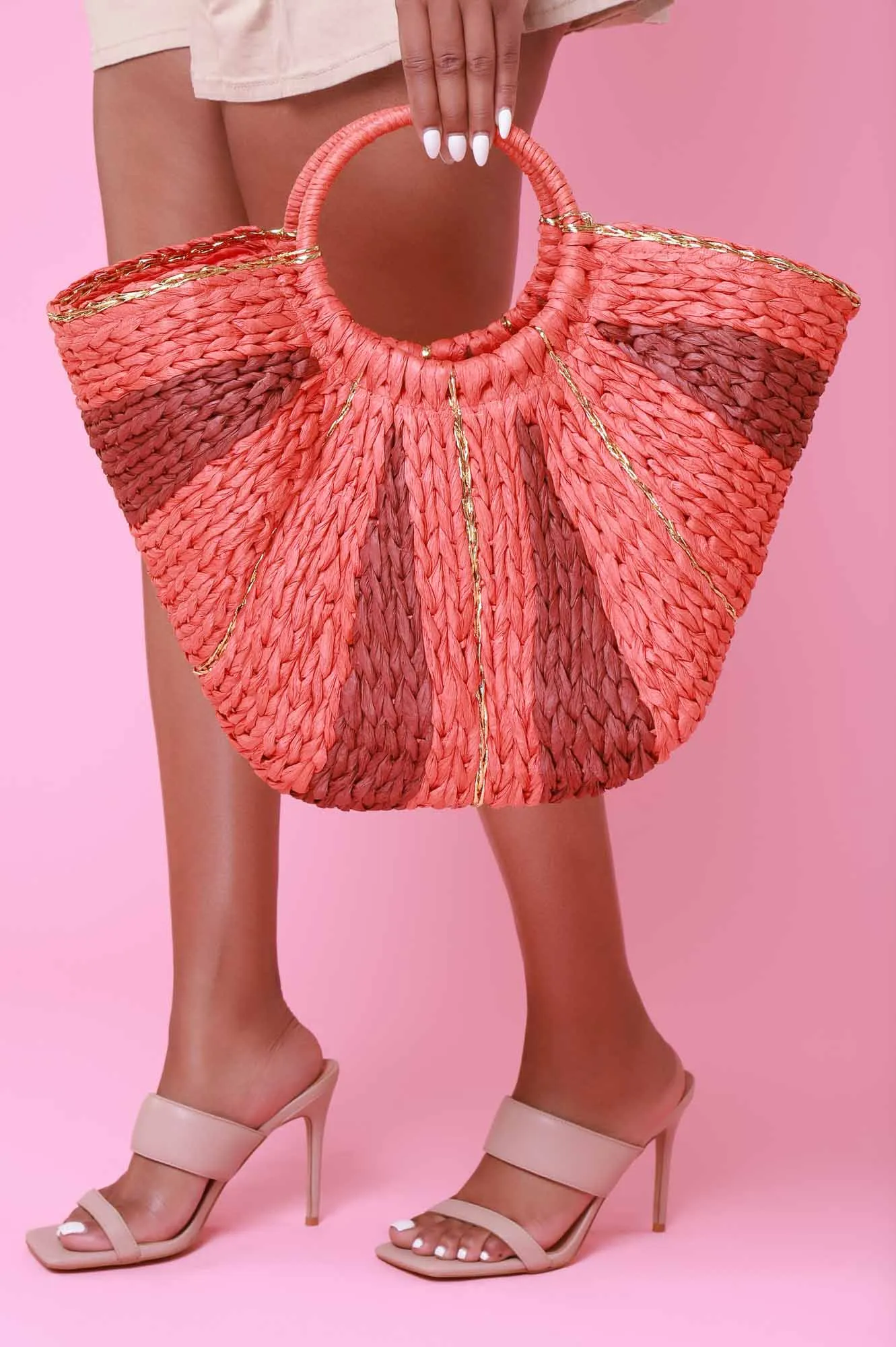 Outside Straw Top Handle Tote Bag - Orange/Mocha sold by Swankaposh