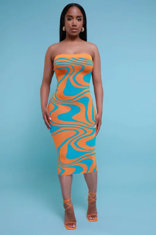 So Real Strapless Print Midi Dress - Orange/Blue sold by Swankaposh