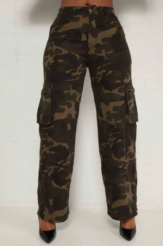 At Attention Camouflage Ankle Zip Cargo Pants - Olive sold by Swankaposh