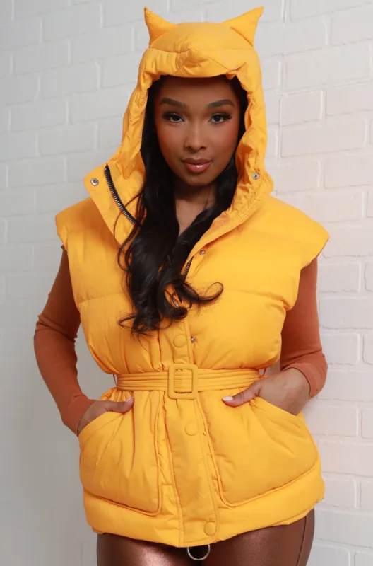 Claws Out Cat Eared Hooded Puffer Vest - Tangerine sold by Swankaposh